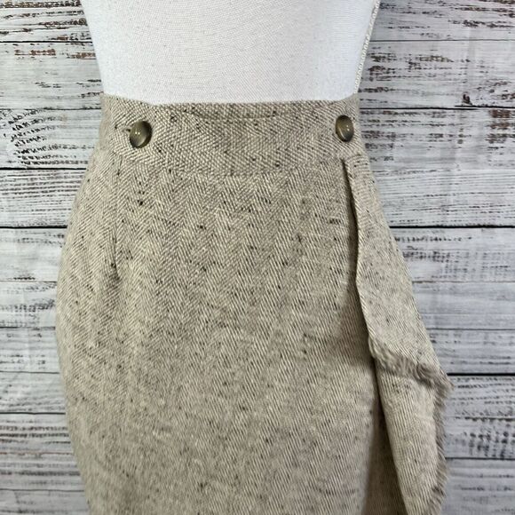 Vintage Liz Claiborne Skirt sz 8 Tan Khaki Wool Tweed Wrap Blanket Fringe Pencil - Picture 3 of 11